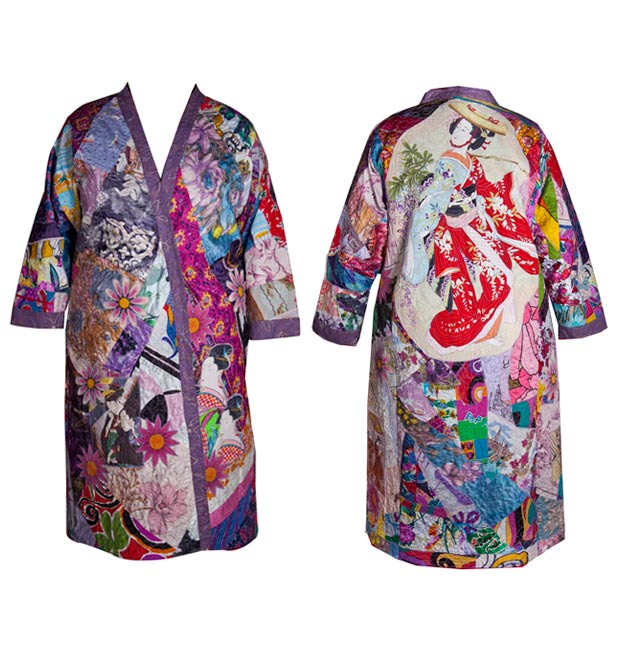 Kimono coat made from 1950's&60's silk scarves,with japenese figures and flowers