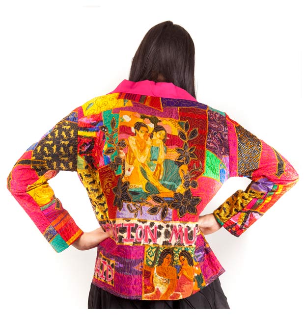 Silk collaged jacket with Gaughan figures and flowers and text