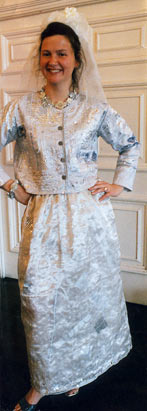 Silk and organza layered skirt and jacket with beading.